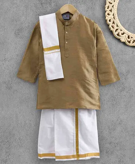 Dapper Dudes Full Sleeves Solid Colour Mundu Set With Angavastram - Green