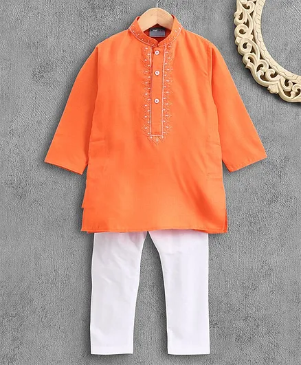 Dapper Dudes Full Sleeves Solid Kurta & Pyjama Set - Orange