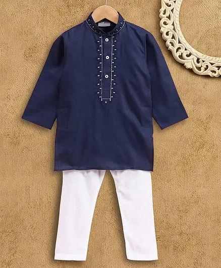 Dapper Dudes Full Sleeves Solid Kurta & Pyjama Set - Navy