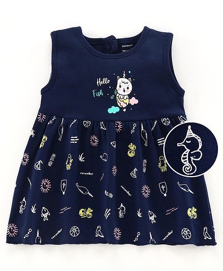 Cucumber Sleeveless Frock Sun Print - Navy Blue