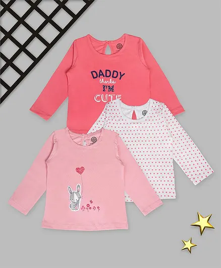 Tambourine Full Sleeves Text & Polka Dotted Pack Of 3 Tee - Pink