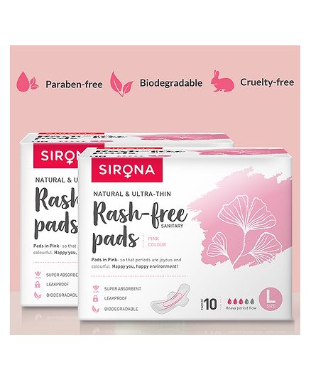 Sirona Natural Ultra Thin Rash Free, Biodegradable Super Soft, Antibacterial Pink Maternity & Sanitary Pads, Large - 20 Pads (2 Pack - 10 Each)