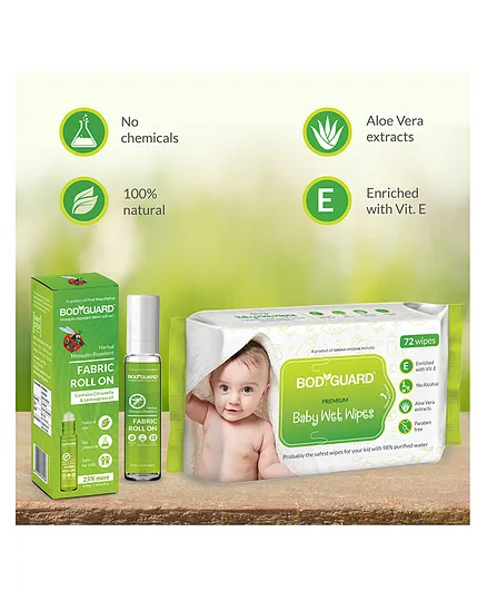 BodyGuard Baby Wet Wipes 72 Pieces & Mosquito Repellent Fabric Roll On - 10 ml Extra
