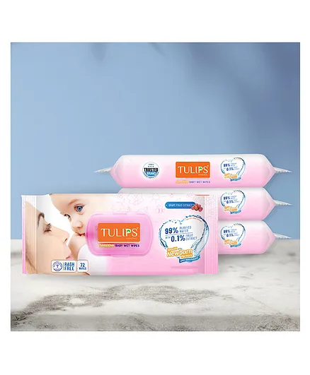 Tulips Sensitive Baby Wet Wipes With Lid Pack of 4 - 72 Pieces each