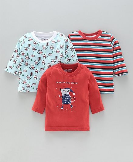 Bumzee Full Sleeves Pack Of 3 Striped & Bear Print Tee - Red