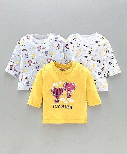 Bumzee Full Sleeves Pack Of 3 Hot Air Balloon Print Tee - Yellow Blue