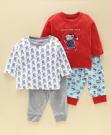 Bumzee Full Sleeves Animal Print Pack Of 2 Tee With Pack Of 2 Pajamas - Red Grey