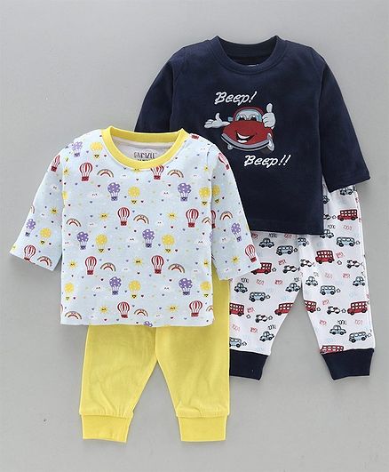 Bumzee Full Sleeves Hot Air Balloon Print Pack Of 2 Tee With Pack Of 2 Pajama - Yellow Blue