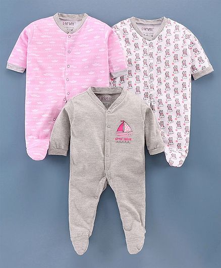 Bumzee Boat & Bear Print Full Sleeves Pack Of 3 Footed Sleep Suit - Grey