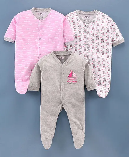 Bumzee Boat & Bear Print Full Sleeves Pack Of 3 Footed Sleep Suit - Grey