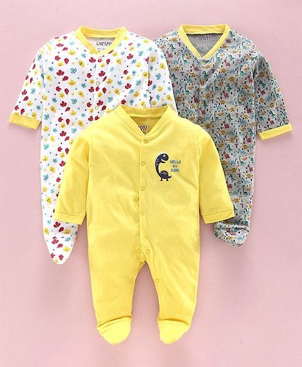 Bumzee Full Sleeves Dinosaur Print Pack Of 3 Sleep Suits - Yellow