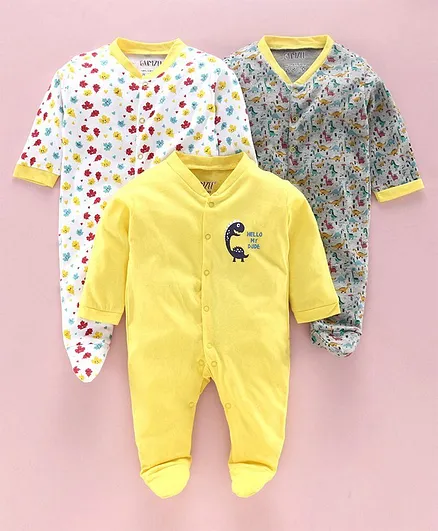 Bumzee Full Sleeves Dinosaur Print Pack Of 3 Sleep Suits - Yellow