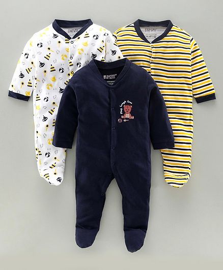 Bumzee Full Sleeves Striped & Ball Print Pack Of 3 Footed Sleep Suits - Navy