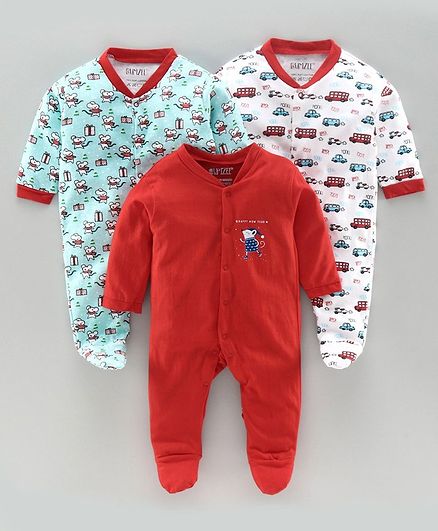 Bumzee Full Sleeves Mouse Print Pack Of 3 Footed Sleep Suits - Red