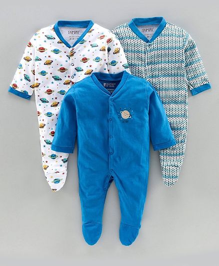 Bumzee Pack Of 3 Full Sleeves Saturn Print Sleepsuit - Dark Blue