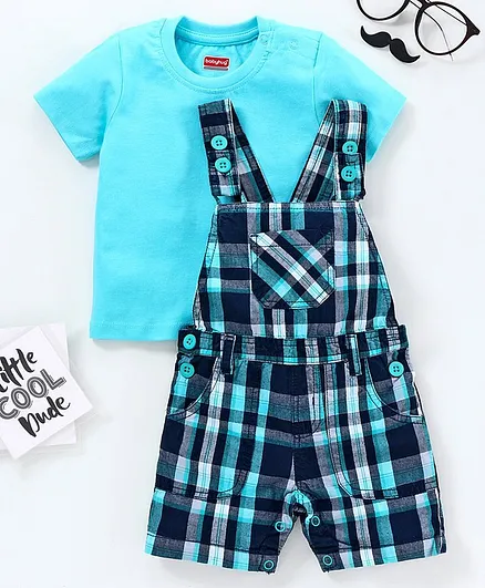 Babyhug Checks Dungaree with Half Sleeves Tee - Blue