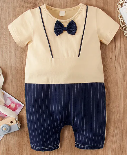 Kookie Kids Half Sleeves Party Wear Romper with Bow - Beige