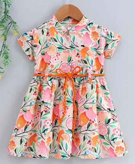 Dew Drops Half Sleeves Frock Fruit Print - Orange