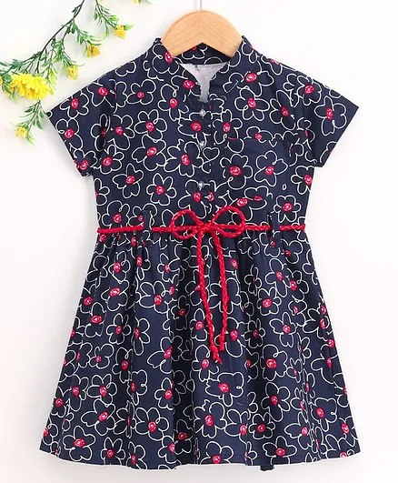 Dew Drops Half Sleeves Frock Floral Print - Navy