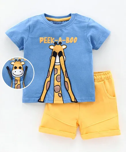 Babyoye Half Sleeves Tee with Shorts Giraffe Print - Blue Yellow