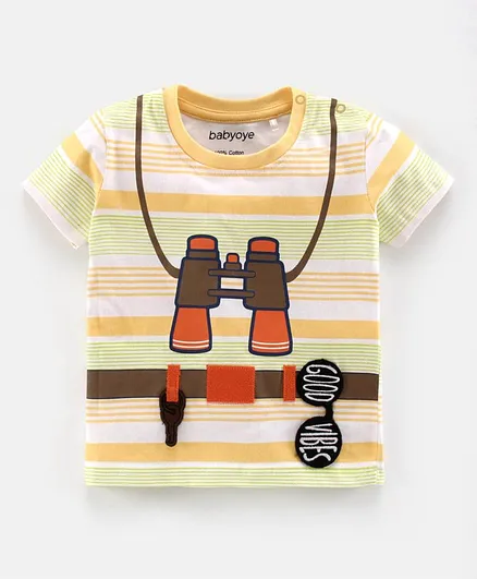 Babyoye Half Sleeves Striped Tee Binoculars Print - Yellow
