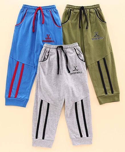 Nottie Planet Pack Of 3 Baseball Embroidery Full Length Track Pants - Blue Grey Green