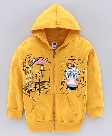 Nottie Planet Full Sleeves Train Print Knit Light Jacket -Mustard