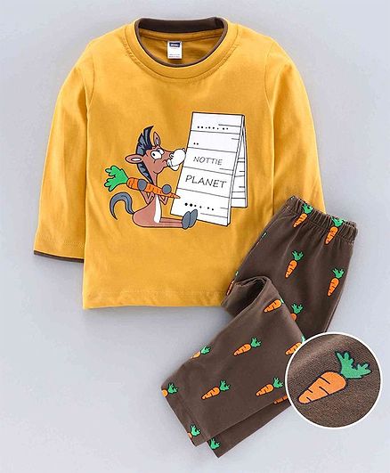 Nottie Planet Full Sleeves Horse Print T-Shirt With Pant - Mustard