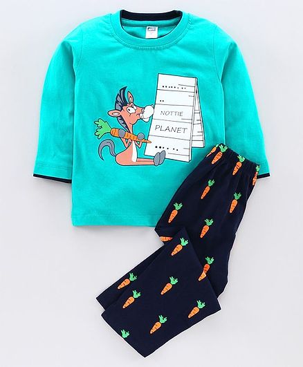 Nottie Planet Full Sleeves Horse Print T-Shirt With Pant - Green