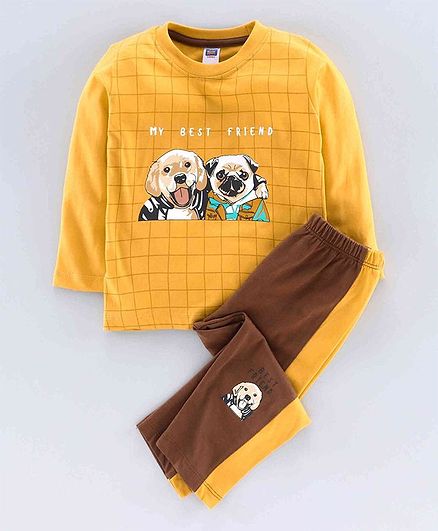 Nottie Planet Full Sleeves Dog Print T-Shirt With Pant -Mustard