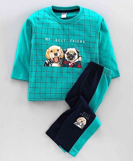 Nottie Planet Full Sleeves Dog Print T-Shirt With Pant -Green
