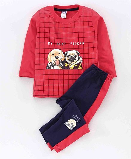 Nottie Planet Full Sleeves Dog Print T-Shirt With Pant -Red
