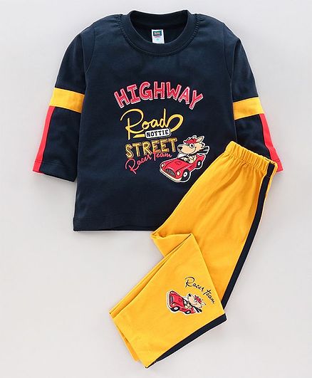 Nottie Planet Full Sleeves Highway Road Street Print T-Shirt With Pant - Navy Blue & Yellow
