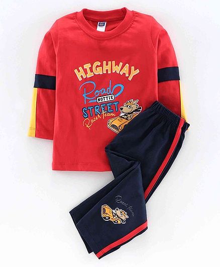 Nottie Planet Full Sleeves Highway Road Street Print T-Shirt With Pant - Red