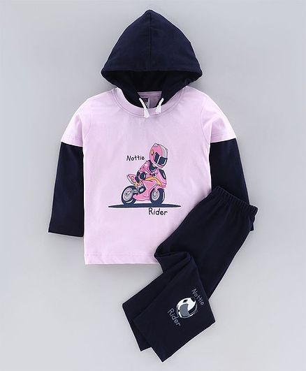 Nottie Planet Full Sleeves Man With Motor Bike Print Infant Hood T-Shirt With Pant Set - Lavender