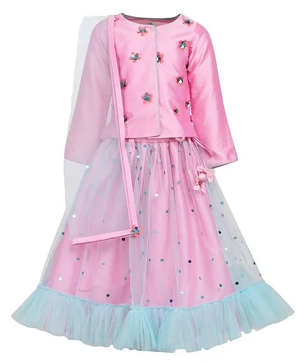 A Little Fable Full Sleeves Embellished Choli With Lehenga & Dupatta - Pink