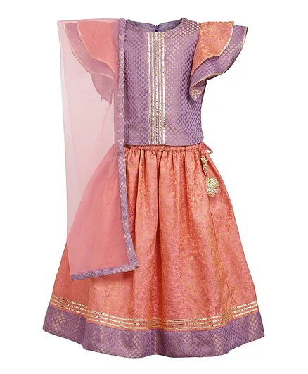 A Little Fable Short Sleeves Brocade Design Choli With Lehenga & Dupatta - Purple