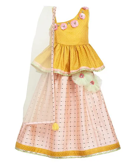 A Little Fable Sleeveless Flower Embellished Peplum Style Choli With Lehenga & Dupatta - Multi Color