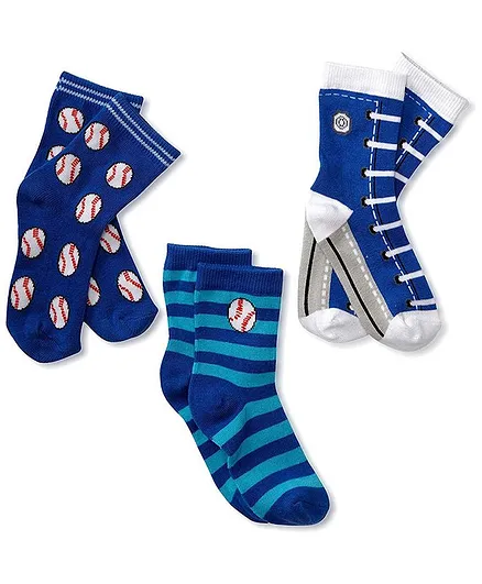 Footprints Pack Of 3 Baseball Theme Organic Cotton Socks - Blue
