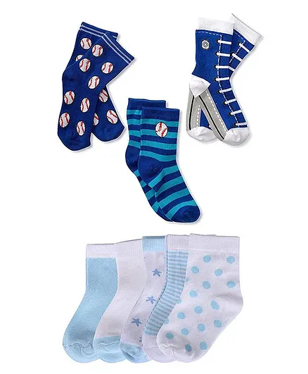 Footprints Organic Cotton Baseball Print Socks Pack Of 8 Pairs Of Socks - Blue