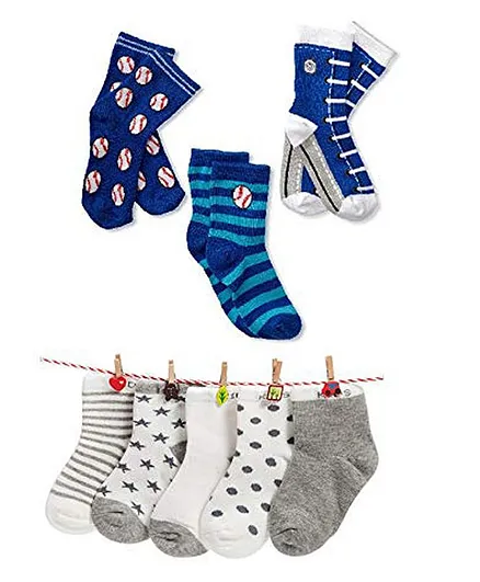 Footprints Organic Cotton Baseball Print Baby Socks Pack Of 8 Pairs P3 Blue - Multicolor