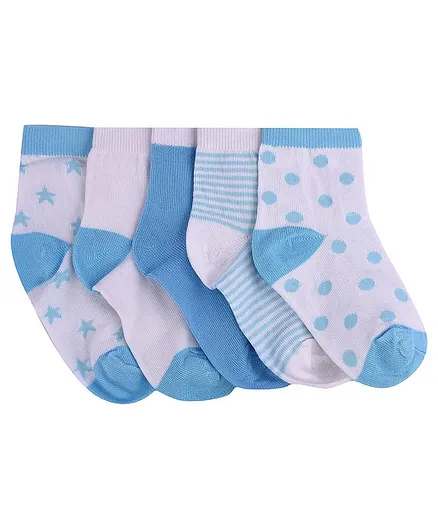 Footprints Organic Cotton Pack Of 5 Star Print & Polka Dotted Socks - Blue