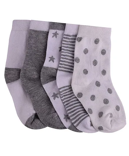 Footprints Polka Dotted & Star Print Pair Of 5 Organic Socks - Grey