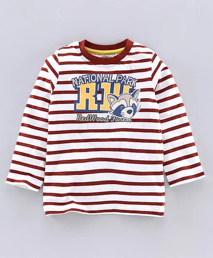 JusCubs Full Sleeves Striped & Raccoon Printed Tee - Maroon & White