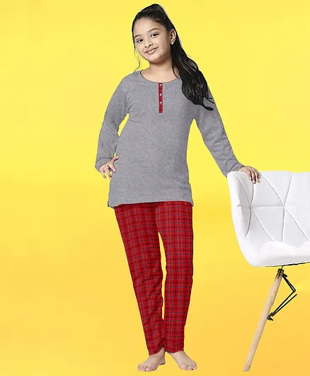 Funkrafts Full Sleeves Checked Night Suit - Red & Grey