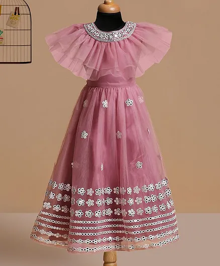 Betty By Tiny Kingdom Short Sleeves Floral Work A Line Flared Gown - Pink