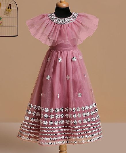 Betty By Tiny Kingdom Short Sleeves Floral Work A Line Flared Gown - Pink