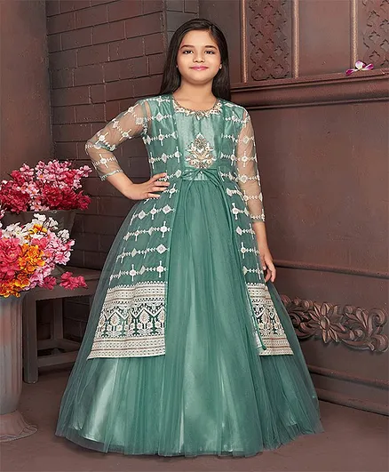 Betty By Tiny Kingdom Sleeveless Gown With Full Sleeves Motif Embroidered Front Tie Up Long Jacket - Green