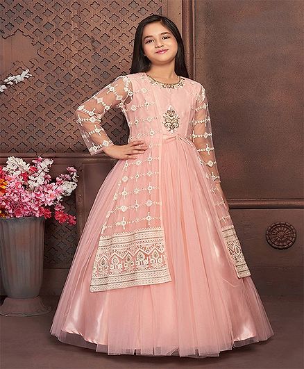 Betty By Tiny Kingdom Sleeveless Embellished Gown With Full Sleeves Motif Embroidered Long Jacket - Peach