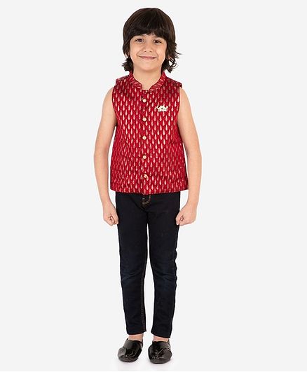 Lil Peacock Sleeveless Chanderi Gold Print Jacket - Maroon